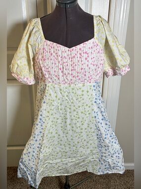 English Factory Multi Floral Babydoll Mini Dress 1X Plus Puff Sleeve Smocked